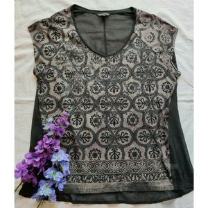 Rock & Republic Black Brown Sequin Bling Cap Sleeve Tshirt SZ Large
